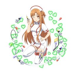 Rule 34 | alpha transparency, asuna (sao), full body, hand on own hip, highres, holding, holding syringe, kneeling, leg strap, nurse, official art, solo, sword art online, sword art online: memory defrag, syringe, thigh strap, thighhighs, transparent background, zettai ryouiki
