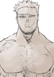 Rule 34 | 1boy, artist request, bara, beard, beard stubble, boku no hero academia, endeavor (boku no hero academia), facial hair, highres, large pectorals, looking at viewer, male focus, mature male, monochrome, muscular, muscular male, mustache stubble, nude, parted lips, pectorals, scar, scar across eye, short hair, sideburns, solo, sparse chest hair, spiked hair, stubble, thick eyebrows, upper body