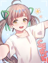 Rule 34 | 1girl, :d, ahoge, blue background, blush, brown eyes, brown hair, character name, commentary request, flower, green ribbon, hair ribbon, hakozaki serika, idolmaster, idolmaster million live!, kuri choko, long hair, looking at viewer, open mouth, revision, ribbon, round teeth, shirt, short sleeves, sidelocks, signature, smile, solo, teeth, twintails, upper teeth only, very long hair, viewfinder, white flower, white shirt