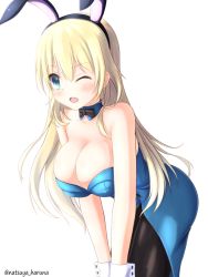 Rule 34 | 10s, 1girl, ;o, alternate costume, animal ears, aqua eyes, atago (kancolle), bad id, bad nicoseiga id, bare shoulders, black pantyhose, blonde hair, blue dress, blush, breasts, cleavage, detached sleeves, dress, fake animal ears, highres, kantai collection, large breasts, leaning forward, leotard, long hair, natsuya (pucelle), one eye closed, pantyhose, playboy bunny, solo, strapless, strapless dress, twitter username, v arms, white background