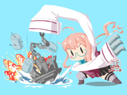 Rule 34 | 1girl, anchor, aqua-framed eyewear, aqua background, artist logo, claw (weapon), collared shirt, dated, depth charge, dress shirt, glasses, grey thighhighs, kantai collection, kutone shirika, makigumo (kancolle), makigumo kai ni (kancolle), no mouth, shirt, sleeves past fingers, sleeves past wrists, solid oval eyes, solo, thighhighs, weapon, white shirt