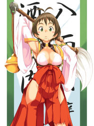 Rule 34 | 1girl, adapted uniform, antenna hair, bell, blush stickers, brown hair, brush, green eyes, japanese clothes, mannen hitsu, miko, nontraditional miko, short hair, solo, torn clothes