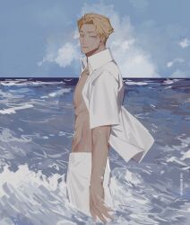 Rule 34 | 1boy, absurdres, blonde hair, blue eyes, blue sky, cloud, collared shirt, highres, jujutsu kaisen, light smile, looking at viewer, male focus, mybloodynails, nanami kento, ocean, open clothes, open shirt, outdoors, shirt, short hair, sky, solo, standing, wading, water, white shirt