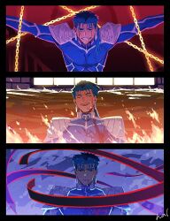Rule 34 | 1boy, bleeding, blood, blue bodysuit, blue hair, bodysuit, chain, closed eyes, cu chulainn (fate), cu chulainn (fate/stay night), earrings, facing viewer, fate/stay night, fate (series), fire, hal (haaaalhal), heaven&#039;s feel, highres, indoors, injury, jewelry, long hair, looking at viewer, open mouth, outdoors, outstretched arms, ponytail, shoulder pads, smile, solo, spoilers, spread arms, teeth, tentacles, upper body, upper teeth only, wet