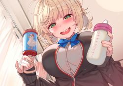 Rule 34 | absurdres, alternate breast size, blonde hair, blurry, blurry background, blush, bottle, breasts, commentary request, green eyes, hair ornament, highres, hololive, indie virtual youtuber, large breasts, looking at viewer, medium breasts, milk bottle, oozora subaru (duck), open mouth, pom pom (clothes), pom pom hair ornament, pov, ribbon, school uniform, shigure ui (vtuber) (2nd costume), shigure ui (channel), shigure ui (vtuber), sweater, tonarikeru, virtual youtuber