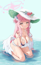 Rule 34 | 1girl, absurdres, alternate costume, angel wings, bikini, blue archive, blush, breasts, chinese commentary, cleavage, collarbone, feathered wings, flower, frilled bikini, frills, hair bun, hair ornament, hair scrunchie, halo, hat, hat flower, highres, kneeling, large breasts, leaning forward, long hair, looking at viewer, low wings, mika (blue archive), parted lips, pink hair, scrunchie, seiza, sheng taoren, single side bun, sitting, solo, straw hat, sun hat, swimsuit, thighs, very long hair, wet, white bikini, white hat, white wings, wing decorations, wings, wrist scrunchie, yellow eyes