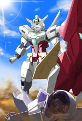 Rule 34 | 495032158, absurdres, alus core gundam, broken glass, chinese commentary, core gundam ii, damaged, glass, glowing, glowing eyes, green eyes, gundam, gundam build divers, gundam build divers re:rise, highres, holding, holding knife, holding shield, knife, looking down, mecha, no humans, robot, shield, solo focus, walking