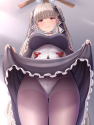 Rule 34 | 1girl, absurdres, azur lane, bare shoulders, between breasts, black dress, blush, breasts, cleavage, clothes lift, crotch seam, detached sleeves, dress, dress lift, formidable (azur lane), frilled dress, frills, grey hair, hair ribbon, highres, large breasts, long hair, looking at viewer, melopun, neckwear between breasts, panties, panties under pantyhose, pantyhose, red eyes, ribbon, smile, solo, thighs, twintails, two-tone dress, two-tone ribbon, underwear, very long hair, white panties, white pantyhose