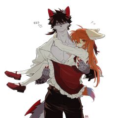 Rule 34 | 1boy, 1girl, animal ears, arm tattoo, artist name, body fur, braid, brown hair, carrying, claws, closed mouth, collared shirt, cowboy shot, fish7163, flying sweatdrops, fox ears, fox girl, furry, furry female, furry male, grey fur, highres, light blush, long hair, long sleeves, looking at viewer, low ponytail, mary janes, orange eyes, orange hair, original, pantyhose, plunging neckline, princess carry, red eyes, red footwear, scar, scar on chest, shirt, shoes, short hair, short ponytail, simple background, solo, standing, tail, tattoo, toned, toned male, white background, white pantyhose, white shirt, wolf boy, wolf ears
