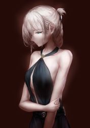 Rule 34 | 1girl, absurdres, an-94 (girls&#039; frontline), an-94 (silent rouge) (girls&#039; frontline), aqua eyes, bare shoulders, black dress, blonde hair, breasts, closed mouth, collarbone, crossed arms, dress, earrings, girls&#039; frontline, hair between eyes, hair ornament, highres, jewelry, lips, long hair, looking to the side, nose, official alternate costume, red background, small breasts, solo, standing, xuanren69