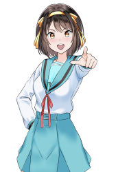 Rule 34 | 1girl, :d, absurdres, belt, blue sailor collar, blue skirt, brown eyes, brown hair, commentary, hair ribbon, hairband, hand on own hip, highres, kita high school uniform, long sleeves, looking at viewer, myjiq, open mouth, pointing, pointing at viewer, red ribbon, ribbon, sailor collar, school uniform, serafuku, short hair, simple background, skirt, smile, solo, suzumiya haruhi, suzumiya haruhi no yuuutsu, teeth, upper teeth only, white background, yellow hairband, yellow ribbon