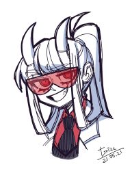 Rule 34 | 1girl, coat, dated, demon girl, formal, goggles, grizz, helltaker, highres, horns, lab coat, long hair, looking at viewer, loremaster (helltaker), open clothes, ponytail, red-tinted eyewear, red-tinted glasses, red goggles, red shirt, shirt, signature, simple background, smile, smirk, solo, sunglasses, tinted eyewear, visor, white background, white hair, white horns