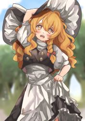Rule 34 | 1girl, apron, apron hold, black hat, black skirt, black vest, blonde hair, blurry, blurry background, blush, bow, braid, buttons, commentary request, cowboy shot, frilled hat, frilled skirt, frills, hand on headwear, hand on own head, hat, highres, kirisame marisa, long hair, looking at viewer, open mouth, outdoors, puffy short sleeves, puffy sleeves, red bow, shirt, short sleeves, side braid, single braid, skirt, skirt hold, solo, summer, sweat, sweatdrop, teeth, touhou, tree, uchisaki himari, upper teeth only, vest, wavy hair, white apron, white shirt, witch hat, yellow eyes