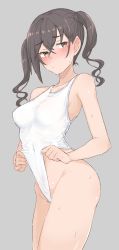 Rule 34 | 1girl, absurdres, ass, black hair, blush, breasts, cameltoe, ear blush, frontal wedgie, full-face blush, grey background, groin, highres, idolmaster, idolmaster cinderella girls, looking at viewer, medium breasts, mole, mole under eye, one-piece swimsuit, simple background, solo, sunazuka akira, sweatdrop, swimsuit, swimsuit tug, twintails, wasabijoyu76, wavy hair, wedgie, white one-piece swimsuit