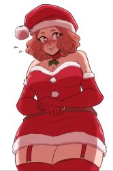 Rule 34 | 10s, 1girl, belt, blush, breasts, brown eyes, brown hair, choker, christmas, cleavage, dress, elbow gloves, fur-trimmed gloves, fur trim, garter straps, gloves, hat, okumura haru, persona, persona 5, pom pom (clothes), red choker, red gloves, red thighhighs, santa costume, santa hat, scruffyturtles, short hair, smile, solo, thighhighs, thighs