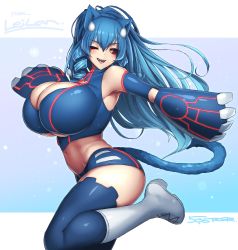 Rule 34 | 1girl, animal ear fluff, animal ears, black sclera, blush, boots, breasts, cat ears, cleavage, cleavage cutout, clothing cutout, colored sclera, commission, creatures (company), detached sleeves, floating hair, game freak, gen 3 pokemon, gloves, highres, huge breasts, jumping, kyogre, legendary pokemon, long hair, looking to the side, makino momiji (artist), midriff, navel, nintendo, one eye closed, open mouth, personification, pokemon, skeb commission, solo, thigh boots, thighhighs, yellow eyes