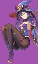 Rule 34 | 1girl, aqua eyes, ass, black hair, breasts, capelet, cleavage, closed mouth, colored eyelashes, commentary, elbow gloves, expressionless, full body, fur trim, genshin impact, gloves, hat, highleg, highleg leotard, highres, legs, leotard, loincloth, long hair, looking at viewer, medium breasts, mona (genshin impact), pantyhose, purple background, simple background, solo, terebi (shimizu1996), thigh strap, twintails, witch hat