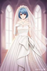 Rule 34 | 1girl, bad id, bad twitter id, blue hair, blurry, blurry background, bob cut, bow, bridal veil, bride, church, domestic na kanojo, dress, elbow gloves, gloves, hand on own chest, highres, jewelry, looking at viewer, necklace, parted bangs, parted lips, short hair, solo, tachibana rui, tiara, uplush, veil, wedding, wedding dress, white bow, white dress, white gloves, window