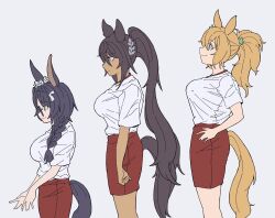 Rule 34 | 3girls, animal ears, aqua eyes, arms at sides, black hair, blonde hair, braid, braided ponytail, breasts, closed mouth, dark-skinned female, dark skin, feet out of frame, from side, glasses, grey background, hair ornament, hands on own hips, height difference, highres, horse ears, horse girl, horse tail, large breasts, long hair, multiple girls, obushideian, ponytail, red shorts, shirt, shirt tucked in, short sleeves, shorts, sideways mouth, simple background, smile, standing, symboli kris s (umamusume), taiki shuttle (umamusume), tail, umamusume, white shirt, zenno rob roy (umamusume)