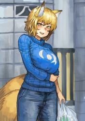 Rule 34 | 1girl, :d, animal ears, bad id, bad tumblr id, bag, blonde hair, blue sweater, blush, breasts, chanta (ayatakaoisii), commentary, cowboy shot, day, denim, fangs, fox ears, fox tail, grocery bag, highres, holding, holding bag, jeans, long sleeves, looking at viewer, multiple tails, open mouth, outdoors, pants, shopping bag, short hair, smile, solo, standing, sweater, tail, touhou, yakumo ran, yellow eyes