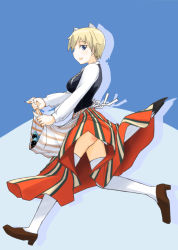 Rule 34 | 10s, 1girl, :d, animal ears, apron, ass, blonde hair, blue background, blue eyes, brave witches, breasts, brown footwear, from side, full body, loafers, long skirt, long sleeves, looking at viewer, looking to the side, nikka edvardine katajainen, open mouth, profile, running, shoes, short hair, simple background, skirt, smile, solo, strike witches, striped clothes, striped skirt, tail, thighhighs, tonttu, vt (ytoh02), white thighhighs, world witches series