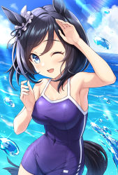 Rule 34 | 1girl, ;d, animal ears, armpits, blue sky, blue one-piece swimsuit, bow, breasts, cloud, commentary request, day, ear ribbon, eishin flash (umamusume), frilled ribbon, frills, highres, horse ears, horse girl, horse tail, large breasts, looking at viewer, ocean, one-piece swimsuit, one eye closed, open mouth, outdoors, ribbon, school swimsuit, short hair, sky, smile, solo, summer, sunlight, swimsuit, tail, tomo (tmtm mf mf), umamusume, water, white ribbon