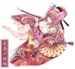 Rule 34 | 1girl, arm support, barefoot, blue eyes, blue nails, breasts, cleavage, downblouse, hand fan, flower, full body, hair flower, hair ornament, headset, highres, japanese clothes, jewelry, kimono, kiseru, large breasts, legs, long hair, maruyama, megurine luka, nail polish, obi, oiran, pendant, pink hair, smoking pipe, sash, sitting, solo, tassel, vocaloid