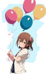 Rule 34 | 1girl, balloon, blue background, blue shirt, blush, brown eyes, brown hair, closed mouth, commentary request, cropped torso, double-parted bangs, from side, hair between eyes, hair ornament, hair scrunchie, hairclip, highres, holding, holding balloon, hood, hood down, hooded jacket, idolmaster, idolmaster million live!, jacket, kasuga mirai, looking at viewer, looking to the side, one side up, open clothes, open jacket, pink scrunchie, pink wristband, rauto, scrunchie, shirt, solo, turning head, two-tone background, upper body, white background, white jacket