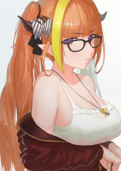 Rule 34 | 1girl, bad id, bad pixiv id, bare shoulders, black-framed eyewear, black ribbon, blonde hair, blunt bangs, bow, breasts, camisole, cleavage, closed mouth, diagonal-striped bow, expressionless, frilled camisole, frills, from side, glasses, hair ribbon, highres, hololive, horn bow, horn ornament, horns, jacket, jewelry, kiryu coco, kiryu coco (loungewear), large breasts, long hair, long sleeves, looking at viewer, looking to the side, multicolored eyes, multicolored hair, off shoulder, official alternate costume, open clothes, open jacket, orange hair, partially unzipped, pendant, pointy ears, purple eyes, red eyes, red jacket, ribbon, see-through, sideboob, sidelocks, sideways glance, simple background, slit pupils, solo, spaghetti strap, streaked hair, striped, striped bow, tarorud, track jacket, twintails, upper body, virtual youtuber, white background, white camisole