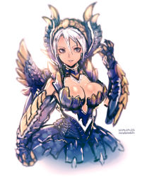 Rule 34 | 1girl, absurdres, alatreon (armor), armor, artist name, blurry, breasts, capcom, dated, highres, large breasts, looking at viewer, monster hunter (series), parted lips, rondo bell, solo, white background, white hair