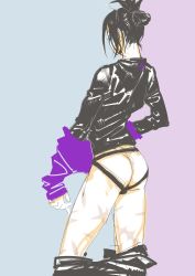 Rule 34 | 1boy, absurdres, ass, black hair, clothes pull, dressing, facial mark, flat ass, folded ponytail, from behind, highres, jockstrap, male focus, male underwear, one-punch man, onsoku no sonic, pants, pants pull, scar, solo, underwear, zura (2110702)