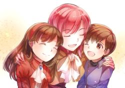 Rule 34 | 1boy, 2girls, altenna (fire emblem), brother and sister, brown hair, cloak, ethlyn (fire emblem), european clothes, closed eyes, fire emblem, fire emblem: genealogy of the holy war, hug, leif (fire emblem), mother and daughter, mother and son, multiple girls, nintendo, siblings, smile, tarayuki