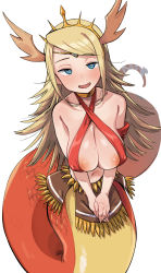 Rule 34 | 1girl, antlers, areola slip, blonde hair, blue eyes, blush, bra, breasts, circlet, cleavage, covered erect nipples, criss-cross halter, echidna (p&amp;d), fangs, geso smith, halterneck, highres, horns, lamia, large breasts, long hair, looking at viewer, mole, mole on breast, monster girl, original, parted lips, puzzle &amp; dragons, ribbon, scales, simple background, solo, tail, tail ornament, tail ribbon, tiara, underwear, very long hair, white background