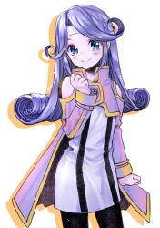 Rule 34 | 1girl, black pantyhose, blue eyes, blush, cape, closed mouth, coat, curly hair, headband, liel (andaniel), long hair, looking at viewer, mel (tales), pantyhose, pink cape, purple hair, simple background, smile, solo, tales of (series), tales of phantasia, tales of phantasia: narikiri dungeon x, white background