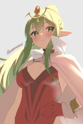 Rule 34 | 1girl, blush, breasts, cape, cleavage, commentary, dated commentary, fire emblem, fire emblem awakening, gloves, green eyes, green hair, grey background, hand on own hip, leotard, long hair, medium breasts, nintendo, parted lips, pointy ears, red gloves, red leotard, simple background, skeptycally, solo, strapless, strapless leotard, tiara, tiki (adult) (fire emblem), tiki (fire emblem), twitter username, upper body, white cape