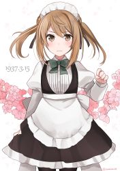 Rule 34 | 1girl, adapted costume, alternate costume, apron, black dress, black pantyhose, brown eyes, clothes lift, commentary request, cowboy shot, double bun, dress, dress lift, enmaided, floral background, frilled apron, frills, hair bun, highres, kantai collection, light brown hair, long sleeves, maid, maid headdress, michishio (kancolle), michishio kai ni (kancolle), one-hour drawing challenge, pantyhose, puffy sleeves, shirt, short twintails, solo, twintails, waitress, white apron, white background, white shirt, yunamaro