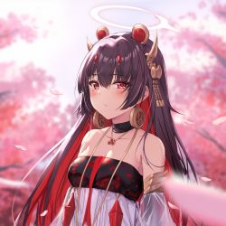 Rule 34 | 1girl, bare shoulders, black hair, blurry, blurry background, blurry foreground, blush, branch, breasts, cleavage, closed mouth, collarbone, depth of field, dress, envyvanity, flower, hair between eyes, hair ornament, halo, highres, horns, long hair, lucia: plume (eventide glow) (punishing: gray raven), lucia (punishing: gray raven), multicolored hair, petals, pink flower, punishing: gray raven, red eyes, red hair, see-through, see-through sleeves, small breasts, solo, strapless, strapless dress, two-tone hair, upper body, very long hair, white dress