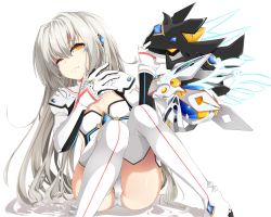 Rule 34 | 1girl, ;), boots, breasts, cleavage, elsword, eve (elsword), facial mark, gloves, highres, leotard, long hair, looking at viewer, one eye closed, orange eyes, silver hair, sitting, small breasts, smile, solo, thigh boots, thighhighs, very long hair, white footwear, white gloves, white leotard