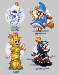 Rule 34 | 4girls, ballooncar, black eyes, blooper (mario), bow, chain chomp, chain, character name, collar, colored skin, dress, flower, gem, glasses, grey background, highres, looking at viewer, magikoopa, mario (series), multiple girls, new super mario bros. u deluxe, nintendo, opaque glasses, pokey (mario), princess chain chomp, red hair, round eyewear, simple background, spiked collar, spikes, super crown, wizard, yellow skin