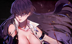 Rule 34 | 1girl, arm strap, artist name, black hair, black lagoon, blood, breasts, bullet, cleavage, commentary request, cross, crucifix, hair between eyes, large breasts, lipstick, long hair, makeup, march ab, open clothes, open shirt, purple hair, roberta (black lagoon), shaded face, grey eyes, solo, upper body