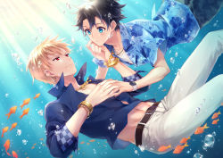 Rule 34 | 2boys, abs, belt, black hair, blonde hair, blue eyes, blue shirt, clothes lift, fate (series), fish, fujimaru ritsuka (male), gilgamesh, gilgamesh (caster) (fate), gilgamesh (fate), hair between eyes, ima (luce365), jewelry, male focus, multiple boys, muscular, muscular male, navel, necklace, open clothes, open shirt, pants, red eyes, shirt, shirt lift, short hair, stomach, underwater, watch, white pants, wristband