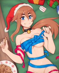 Rule 34 | 1girl, artist name, bare shoulders, bell, neck bell, black collar, blue eyes, blue ribbon, blush, box, breasts, brown hair, chocolate, christmas, collar, collarbone, commentary, commission, cookie, english commentary, food, gift, gift box, hair between eyes, hat, highres, large breasts, long hair, looking at viewer, lying, merry christmas, naked ribbon, navel, on back, original, ponytail, red ribbon, ribbon, rob ishi, santa hat, smile, solo, twitter username