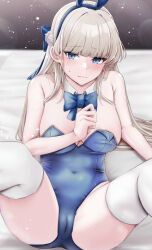 Rule 34 | 1girl, absurdres, aga marino, animal ears, bed sheet, blonde hair, blue archive, blue bow, blue bowtie, blue eyes, blue leotard, blush, bow, bowtie, braid, breasts, closed mouth, detached collar, fake animal ears, feet out of frame, highres, leotard, long hair, looking at viewer, medium breasts, multicolored hair, official alternate costume, rabbit ears, solo, strapless, strapless leotard, streaked hair, thighhighs, toki (blue archive), toki (bunny) (blue archive), white thighhighs