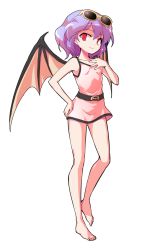 Rule 34 | 1girl, alphes (style), bare arms, bare legs, barefoot, bat wings, breasts, cage in lunatic runagate, casual one-piece swimsuit, commentary request, dairi, eyewear on head, full body, hand on own hip, hand on own chest, looking at viewer, one-piece swimsuit, parody, pink one-piece swimsuit, purple hair, red eyes, remilia scarlet, short hair, silent sinner in blue, small breasts, smile, solo, standing, style parody, sunglasses, swimsuit, tachi-e, touhou, transparent background, wings