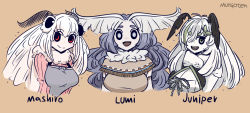Rule 34 | 3girls, :d, antennae, apron, arthropod girl, artist name, beige background, black sclera, borrowed character, capelet, character name, colored sclera, commentary, english commentary, fur collar, green eyes, grey apron, grey hair, highres, indie virtual youtuber, insect girl, juniper actias, long hair, looking at viewer, mashiro (solopipb), monster girl, moth girl, mother lumi (matilda fiship), multiple girls, murgoten, open mouth, original, red eyes, simple background, smile, trait connection, upper body, virtual youtuber, white eyes, white hair