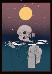 Rule 34 | 1girl, highres, japanese clothes, kimono, moon, original, outside border, partially submerged, petals, short hair, sion 0d1m, solo, wading, water