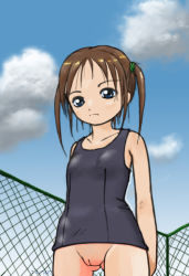 Rule 34 | 10s, 1girl, 2017, blue eyes, blue one-piece swimsuit, blush, bottomless, breasts, brown hair, chain-link fence, cleft of venus, cloud, collarbone, dated, fat mons, fence, from below, june, long hair, looking at viewer, looking down, navel, one-piece swimsuit, pussy, sabi sabita, school swimsuit, sky, small breasts, standing, swimsuit, twintails