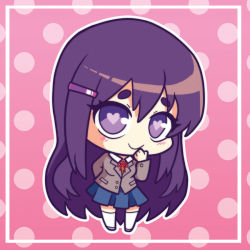 Rule 34 | 1girl, arm behind back, chibi, doki doki literature club, full body, hair ornament, hairclip, hand to own mouth, heart, heart-shaped pupils, long hair, looking at viewer, outline, pink background, polka dot, polka dot background, purple eyes, purple hair, runeechan, school uniform, smile, solo, symbol-shaped pupils, very long hair, white legwear, white outline, yuri (doki doki literature club)