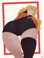 Rule 34 | 1girl, absurdres, ahoge, artist name, ass, ass focus, bare shoulders, bike shorts, blonde hair, blush, cameltoe, from behind, highres, huge ass, long hair, looking at viewer, looking back, nachocobana, prosthesis, prosthetic arm, purple eyes, rwby, short shorts, shorts, single thighhigh, sleeveless, solo, spandex, thick thighs, thighhighs, thighs, yang xiao long