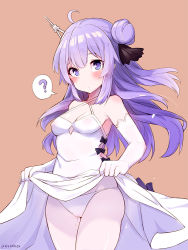 Rule 34 | 1girl, ?, ahoge, azur lane, bare shoulders, black ribbon, blush, bodysuit, breasts, brown background, cameltoe, cleavage, clothes lift, covered erect nipples, cowboy shot, criss-cross halter, dress, dress lift, elbow gloves, from side, gloves, hair bun, hair ribbon, halterneck, legs together, lifted by self, long hair, looking at viewer, mou tama maru, no bra, panties, panties under pantyhose, pantyhose, pixiv id, purple eyes, purple hair, ribbon, side bun, sidelocks, simple background, single side bun, skindentation, sleeveless, sleeveless dress, small breasts, solo, speech bubble, spoken question mark, standing, tareme, thighs, underwear, unicorn (azur lane), very long hair, white gloves, white panties, white pantyhose